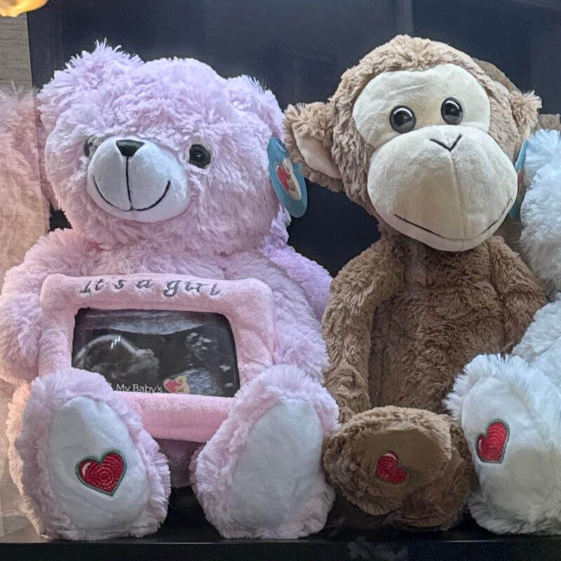 image of ultrasound heartbeat keepsake plush animals for sale in a display case at Baby's First Glance Ultrasound Studio in San Jose CA.